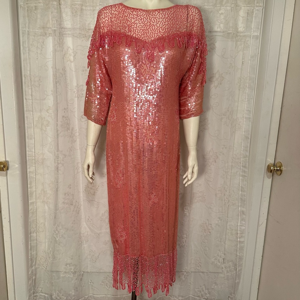 80s Diva Coral Silk Sequin Fringe Dress